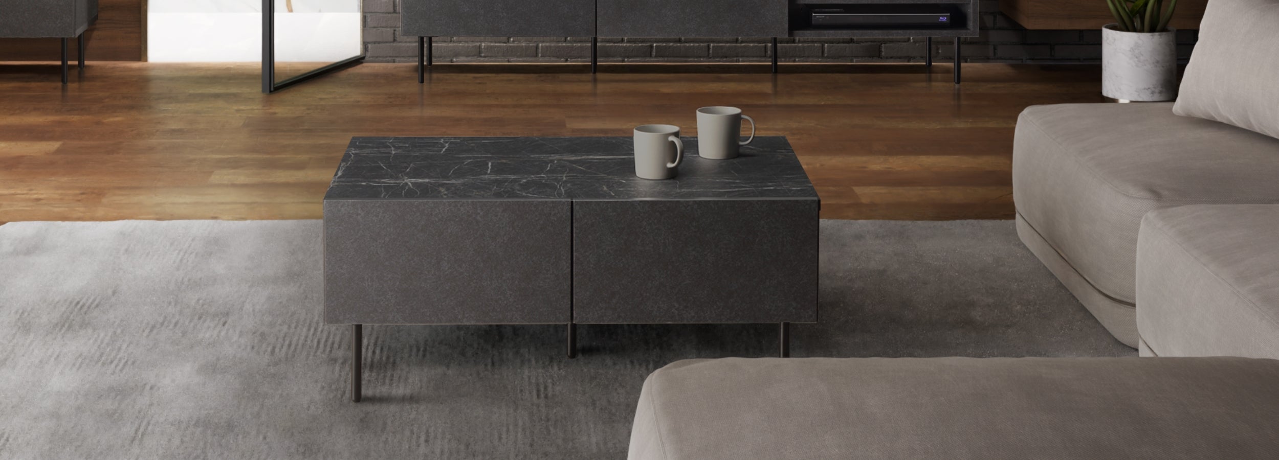 VIG Furniture ブラックガラス センターテーブル W140cm センターテーブルVI | 石目柄・シンプルモダン・日本製完成品 | EQUALS